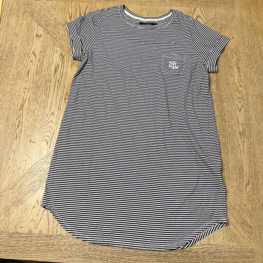 Lauren Ralph‎ Lauren Medium Navy White Stripe Knit T Shirt Dress RL Logo Pocket